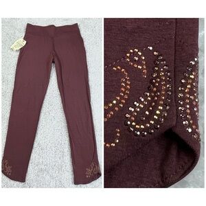 NWT One World Ankle Pants Brown Beaded Sequin Boho Gypsy Festival M